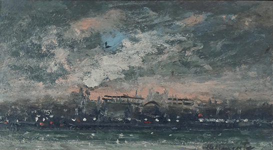 Evening sky over refinery and harbor